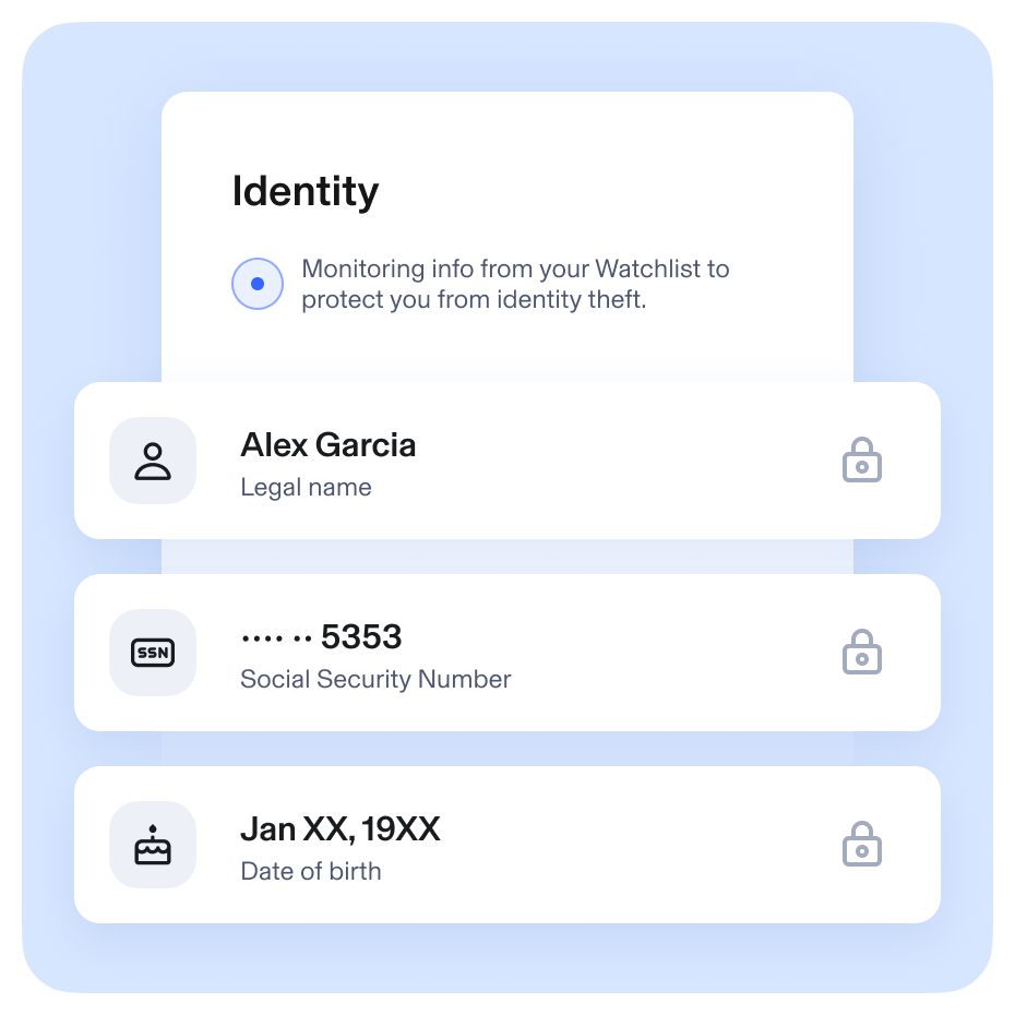 Identity section showing monitored personal info: legal name Alex Garcia, masked Social Security Number ending in 5353, and masked date of birth Jan XX, 19XX. All fields are secured.