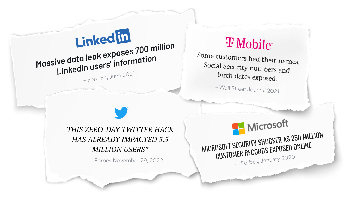 Headlines of breaches from LinkedIn, TMobile, Twitter, and Microsoft.