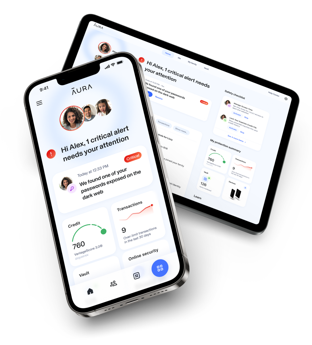 Phone and tablet that display Aura App Dashboard