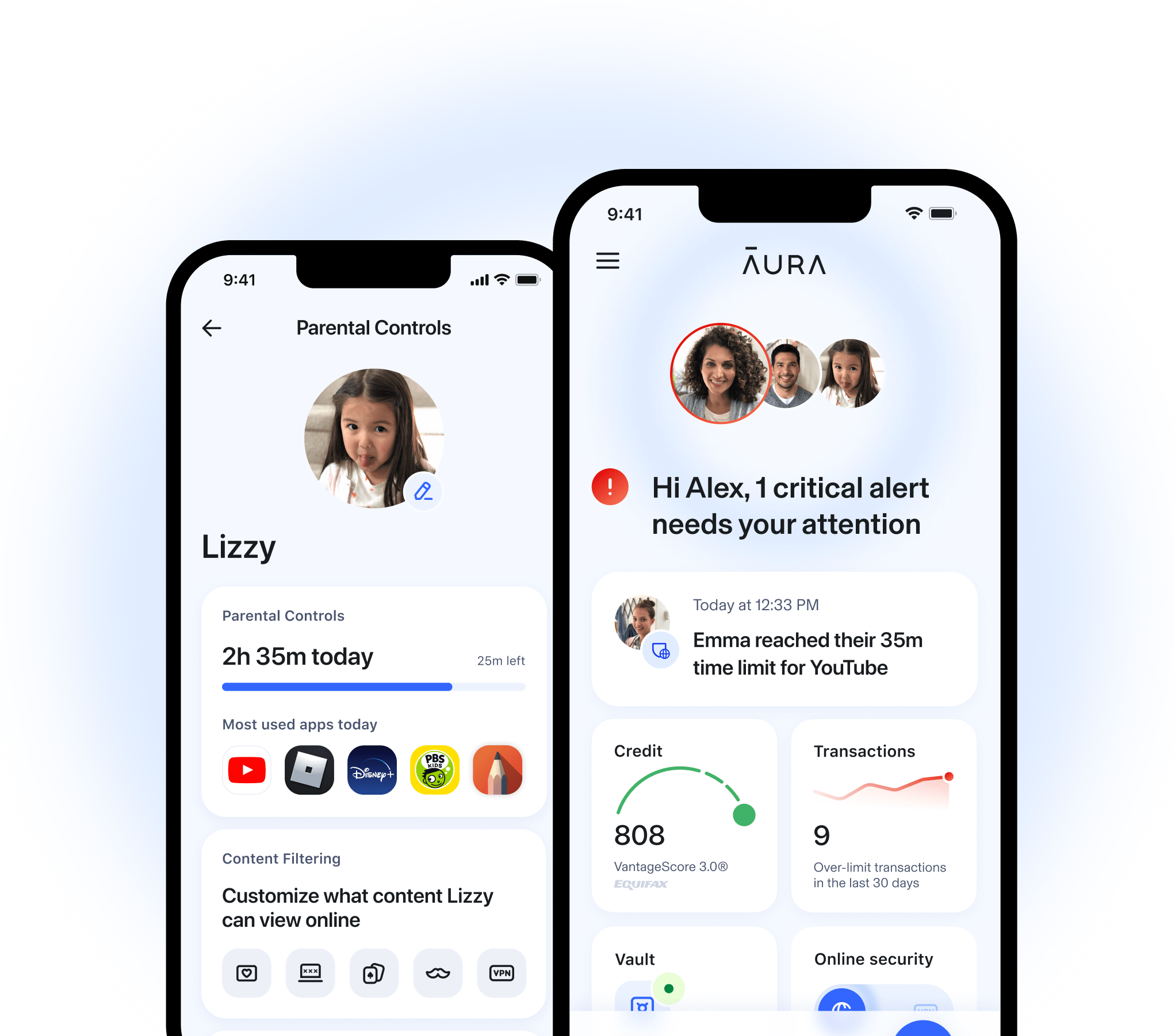 Two devices showing Aura Dashboard with Parental Controls