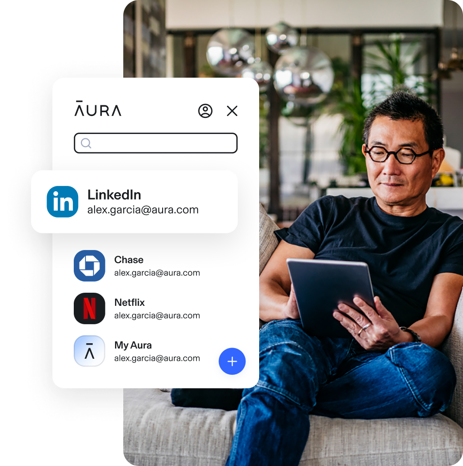 Man on his tablet + Aura UI check for LinkedIn, Chase & Netflix