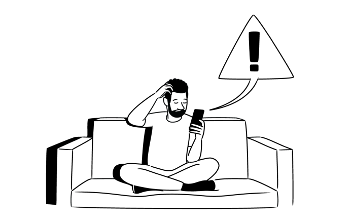 Man sitting on couch alarmed looking at phone illustration