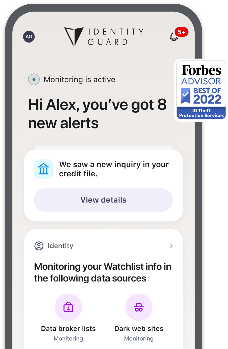 Identity Guard App UI Displayed on mobile phone with Forbes Advisor Best of 2022 badge