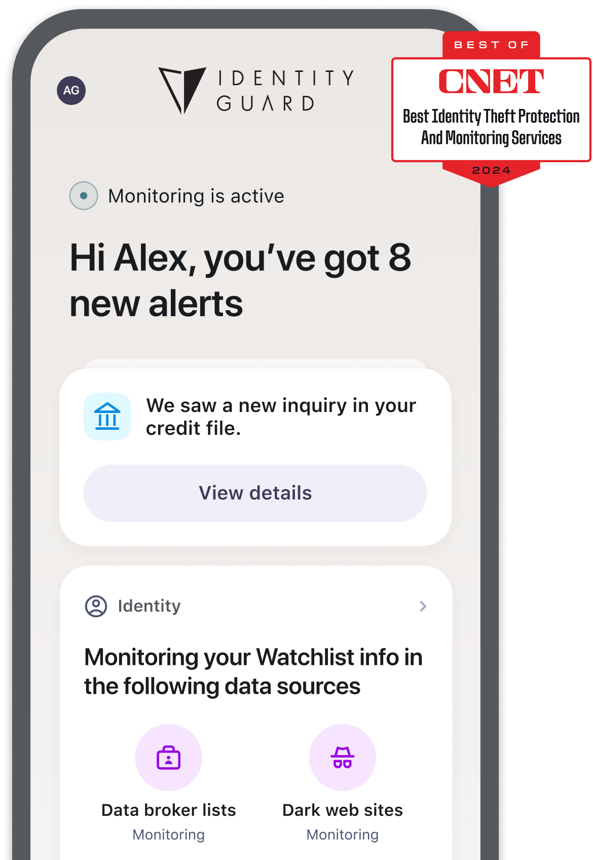 Identity Guard Dashboard on a Mobile Device with CNET - Best Identity Theft Protection and Monitoring Services Badge