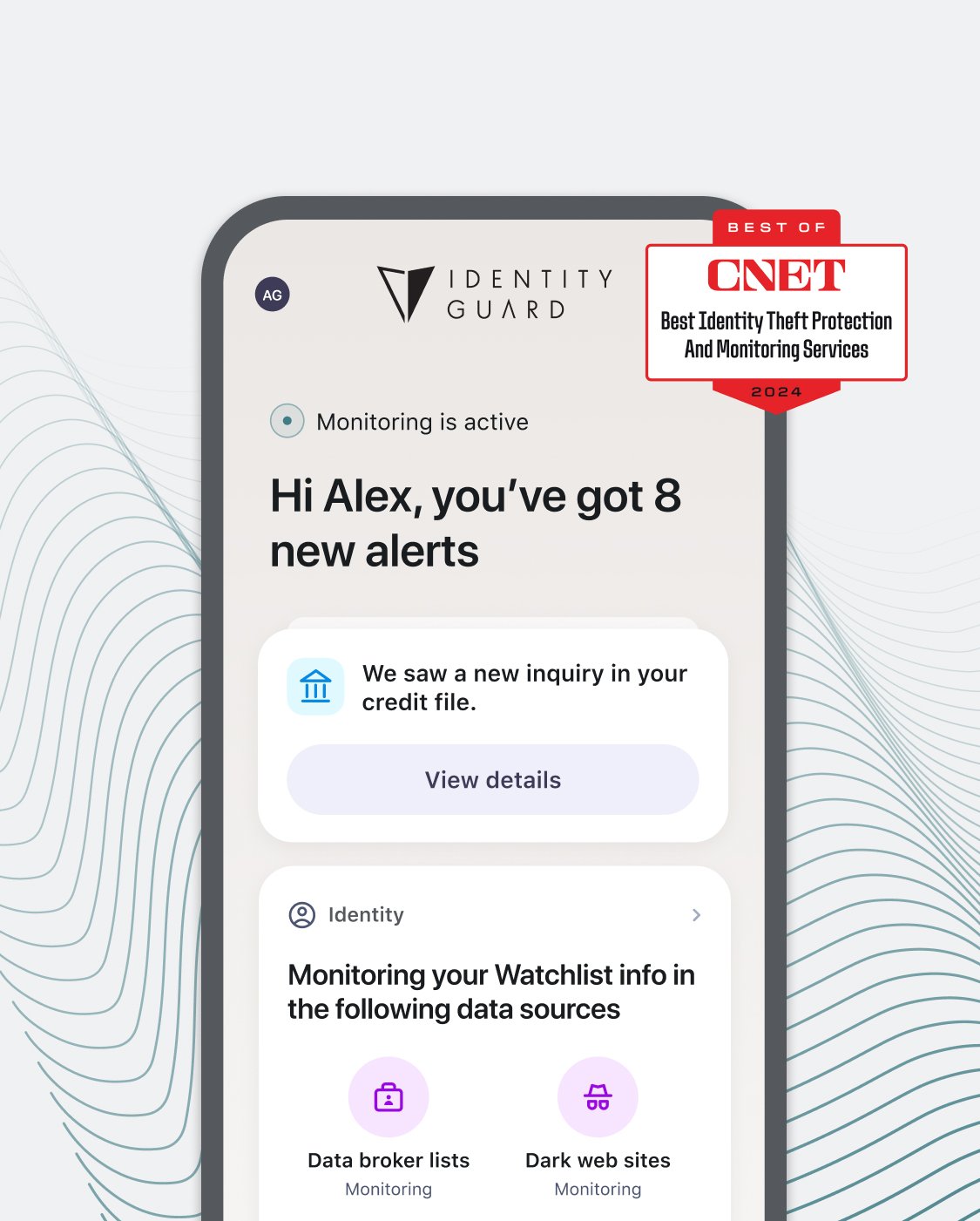 Identity Guard Dashboard on a Mobile Device with CNET - Best Identity Theft Protection and Monitoring Services Badge