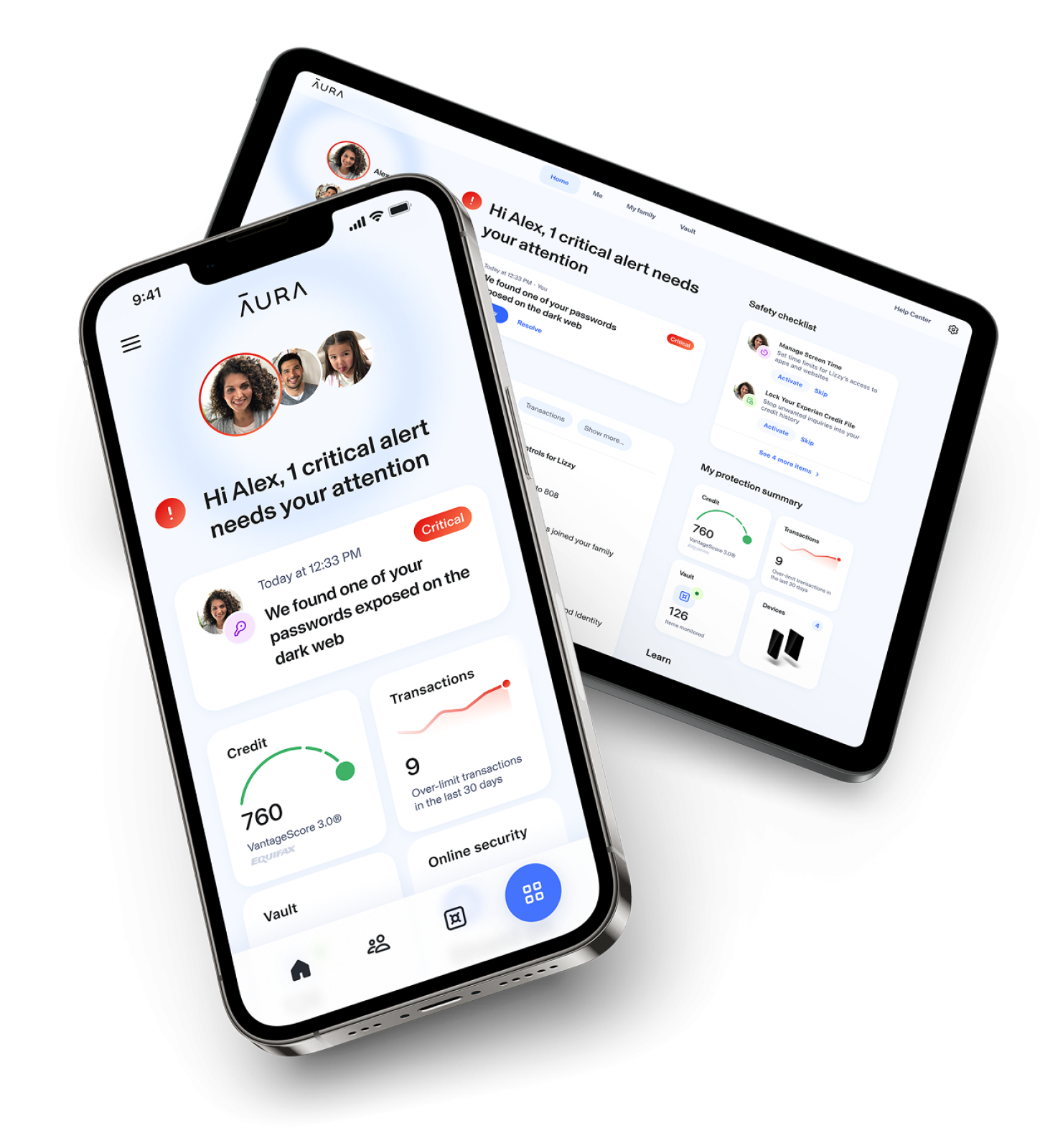 Mobile phone and tablet displaying Aura app interface with a critical security alert, credit score, and online security tools.