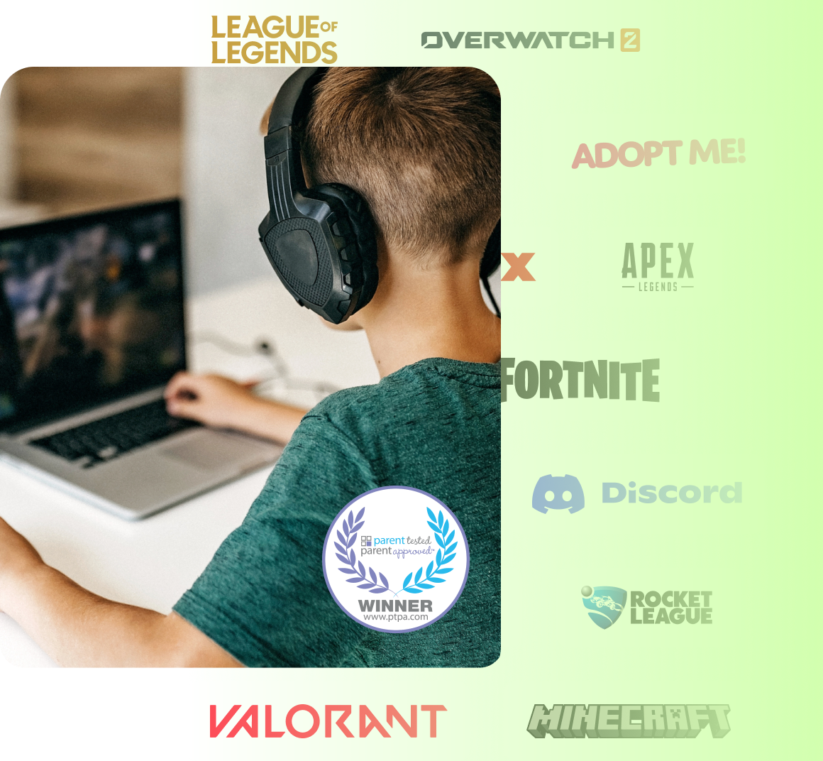 Young boy gaming on a desktop device with various gaming titles in the background(League of Legends, Overwatch, Adopt Me!, & more))