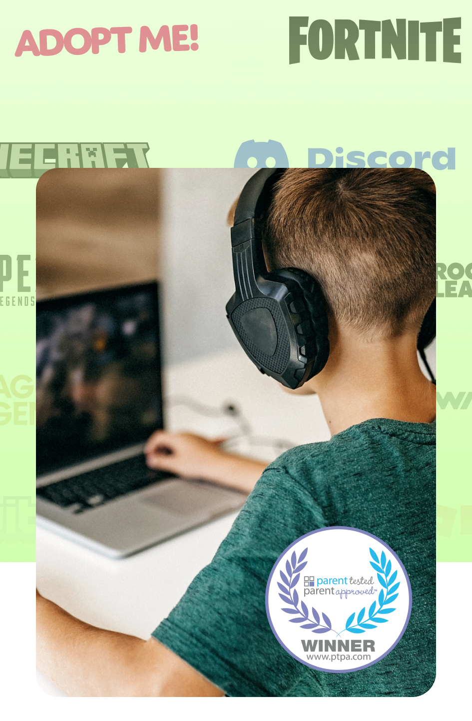 Young boy gaming on a desktop device with various gaming titles in the background(League of Legends, Overwatch, Adopt Me!, & more))