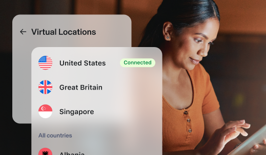 Woman using tablet. Aura App overlay shows a virtual locations tab is open. Options include United States showing connected. Great Britain and Singapore are other optins. All countries list includes albania.