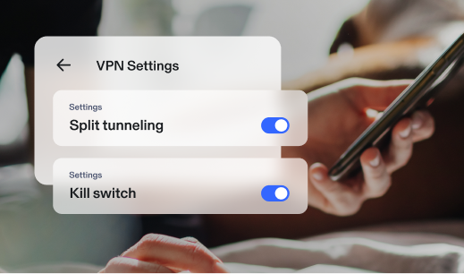 Hand holding a phone. Aura app overlay shows VPN settings tab open. Settings show split tunneling option is toggeled on. Settings show kill switch is toggled on.