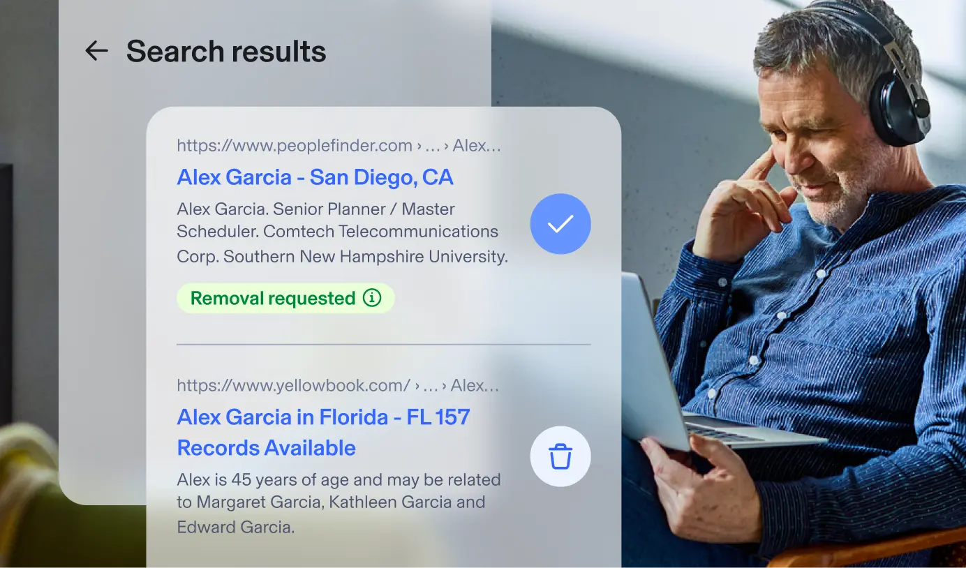 Man using laptop. Aura app popups show search results for Alex Garcia with two results, one in Florida and another in California. One displays a removal requested for Alex Garcia's information from the search engine.