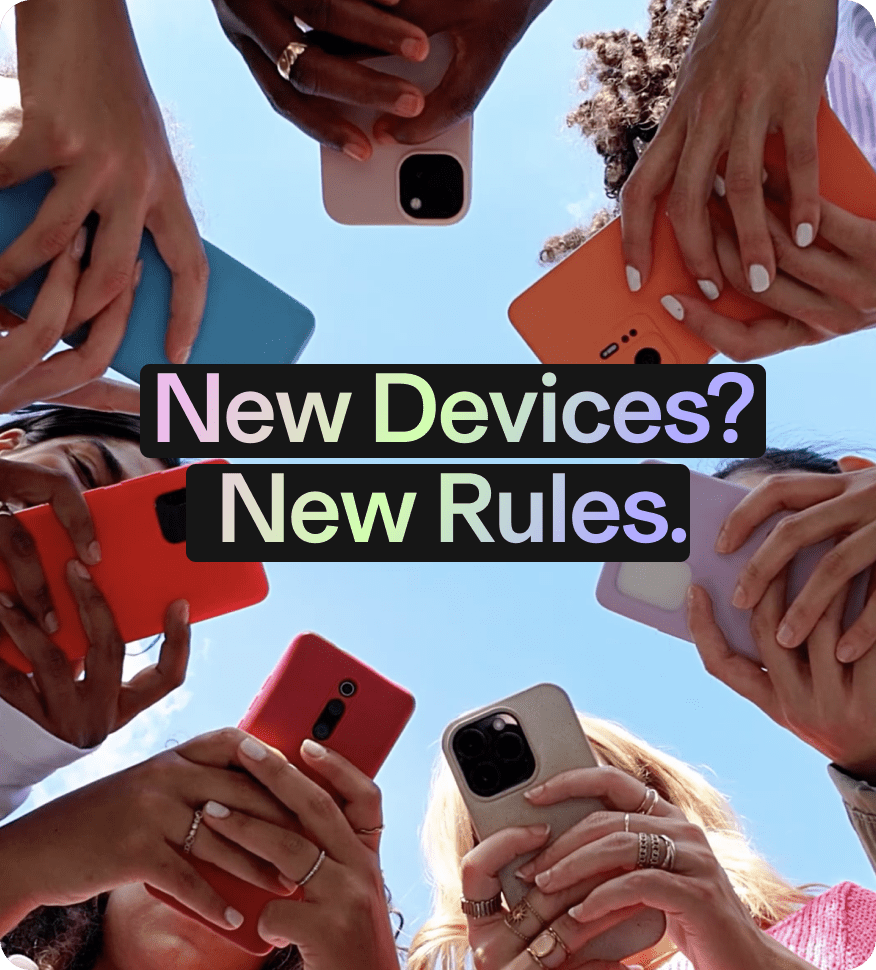 New Device? New Rules. Graphic with multiple young kids holding mobile devices
