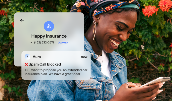 Woman using phone and smiling. Aura app notifications show that Happy Insurance is calling from a +1 (452) 532 2671 number. Another notification shows that Aura blocked a spam call that was asking about extending car insurance.