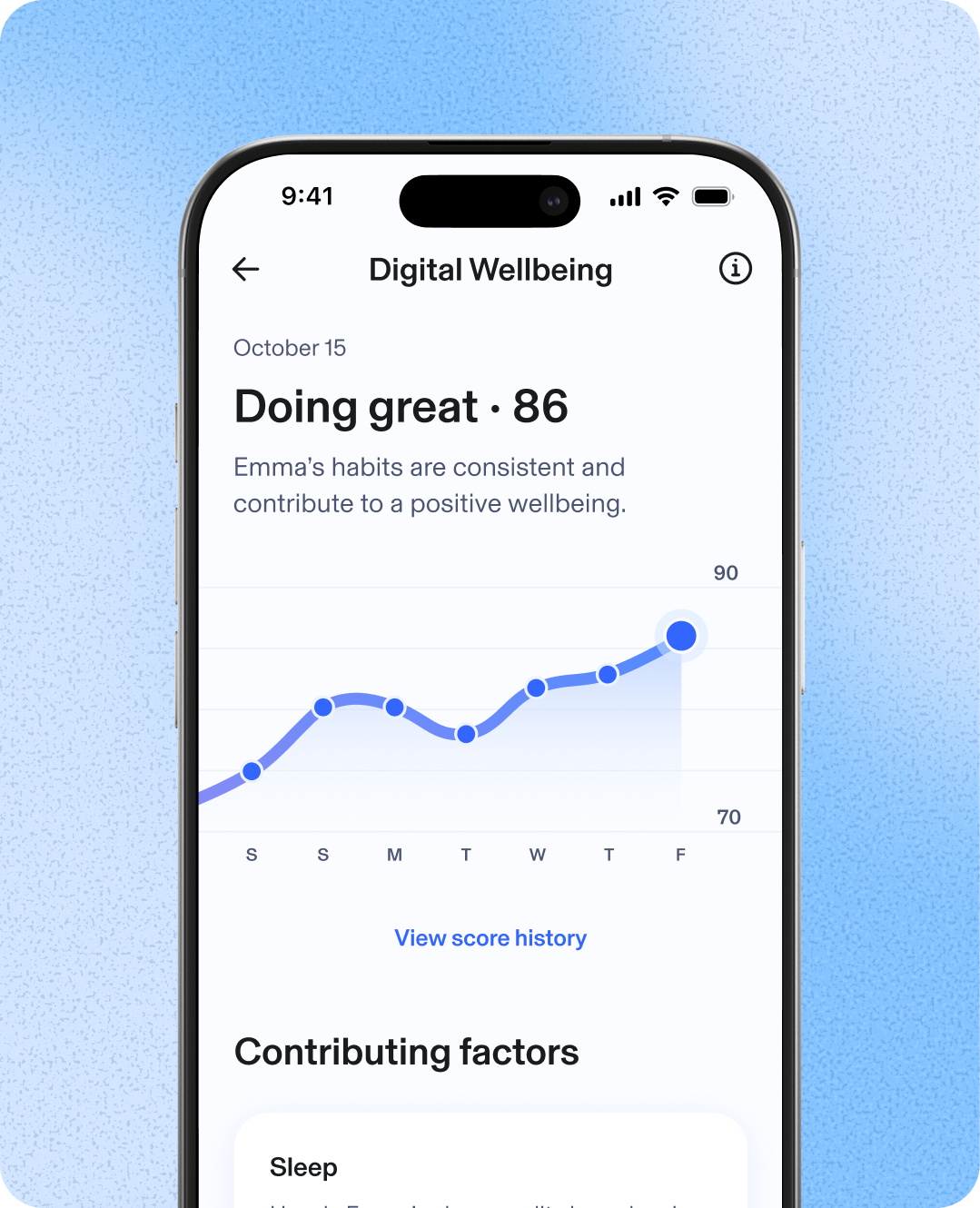 Digital wellbeing screenshot. October 15. Doing Great, 86. Emma's habits are consistent and positive. Contributing factors show sleep.