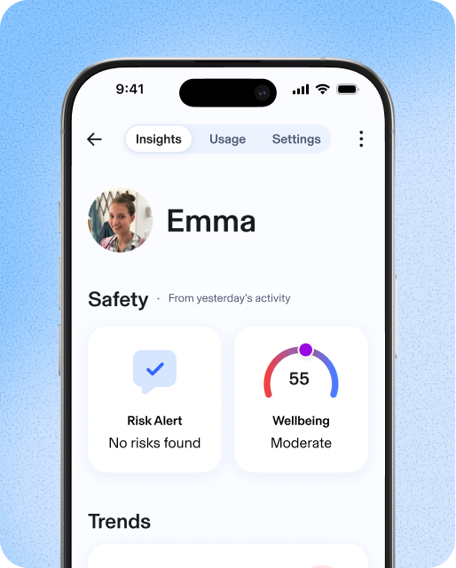 Aura app screenshot. Top navigation shows insights, usage, and settings with insights selected. Emma's profile shows Safety, no risk alerts found, 55 wellbeing score scored moderate. Trends shows sleep opportunity on 28th of October needs attention.