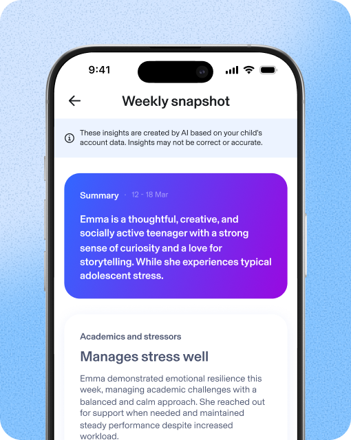 Weekly snapshot screenshot. These insights are based on AI. Summary from 12 - 18 March show Emma is thoughtful and creative, but experiences adolescent stress. Academic stressors show that Emma manages stress well.