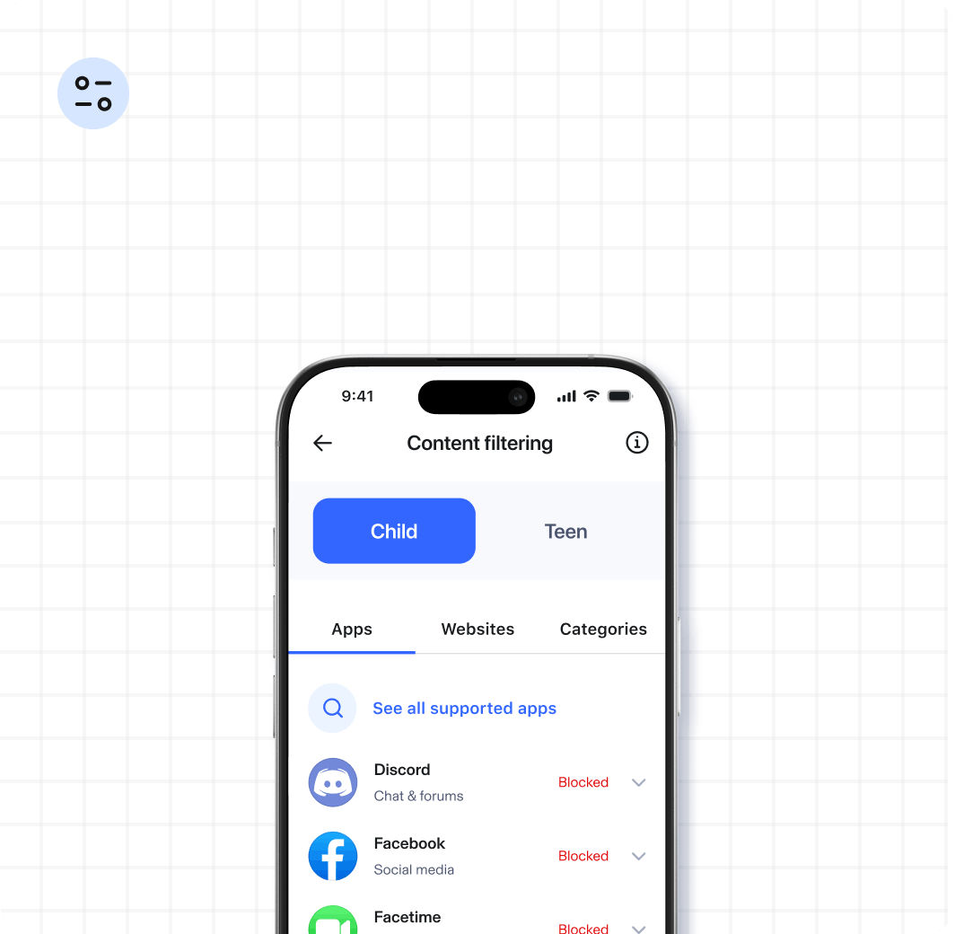 Graph background image showing a mobile device with Aura Dashboard pulled up with Content filtering