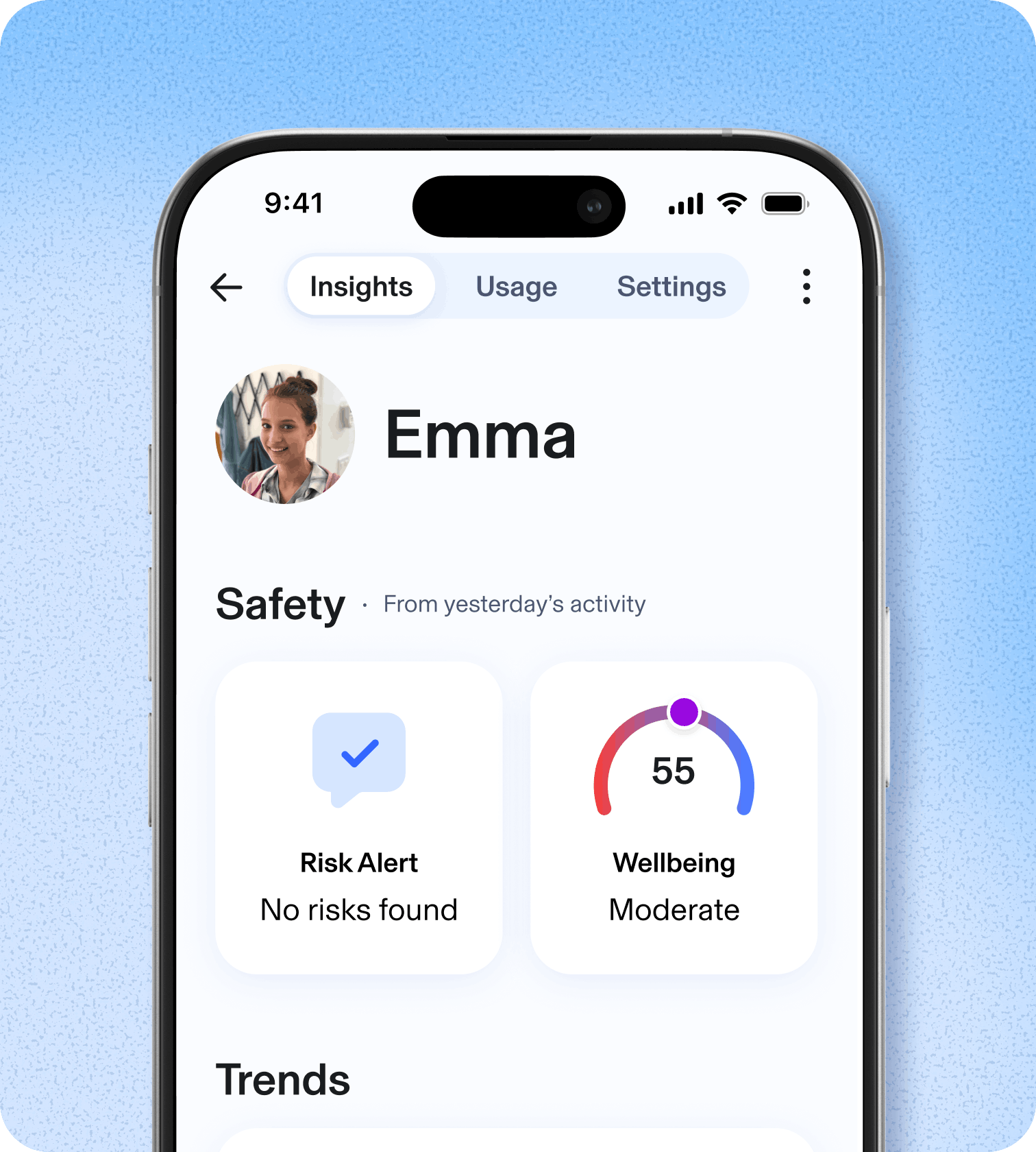 Mobile device with Aura dashboard pulled up showing safety activity for child named Emma