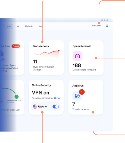 Aura Dashboard on a Desktop view showing Parental Controls, Identity Protection, Spam Call Protection, & more proactive protection.