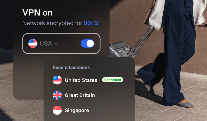 VPN interface showing a secure connection to the United States with recent locations including Great Britain and Singapore, next to a traveler walking with luggage.