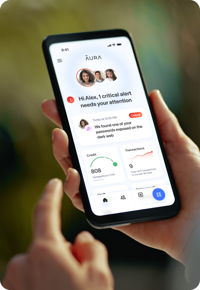 Aura app on phone. Hi Alex, 1 critical alerts needs your attention. We found one of your passwords exposed on the dark web. Credit score is 808. 9 Over-limit transactions in the last 30 days.