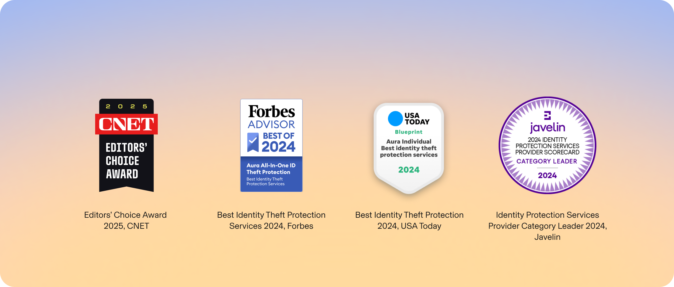 Banner with gradient background reading “Trusted by experts. Committed to excellence.” Below are four award badges: CNET Editors’ Choice Award 2025; Forbes Advisor Best Identity Theft Protection Services 2024 (Aura All-in-One); USA Today Blueprint Best Identity Theft Protection 2024; and Javelin 2024 Identity Protection Services Category Leader.