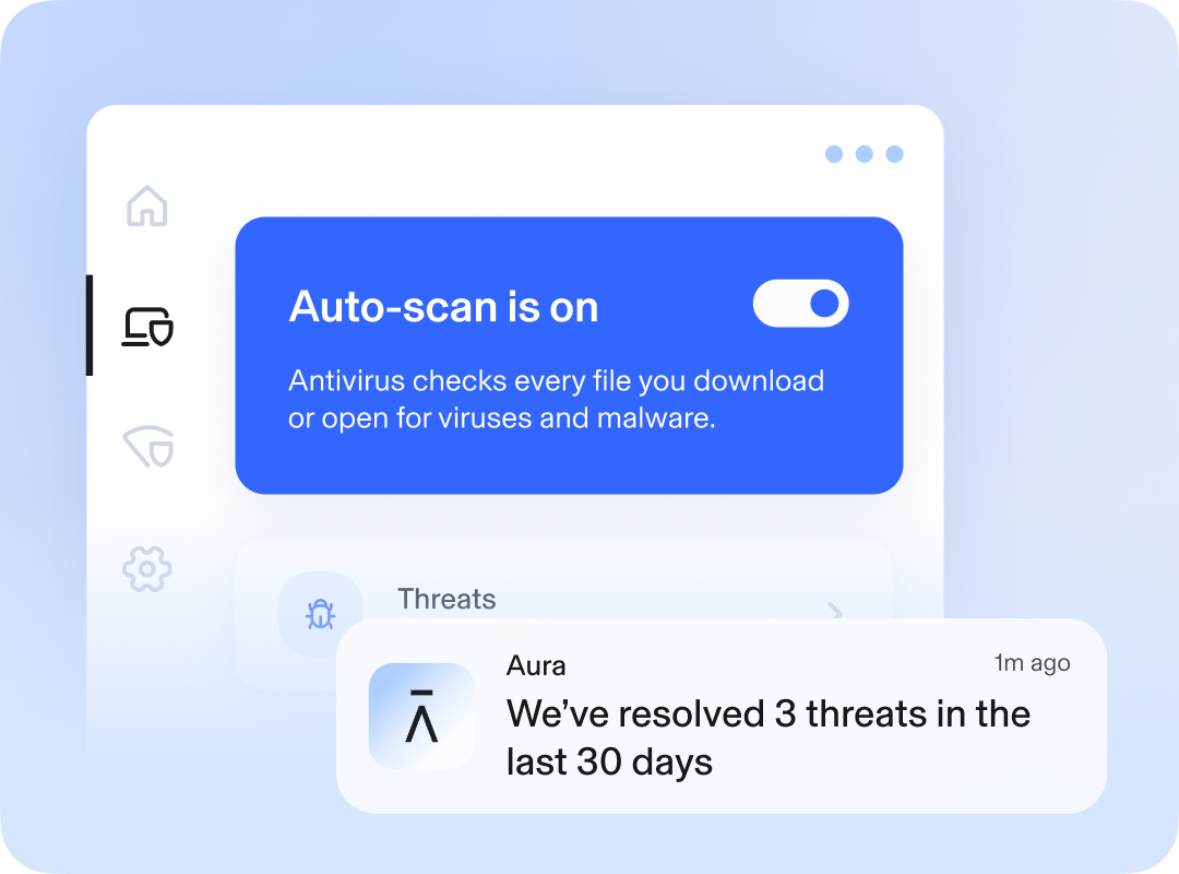 Auto scan is toggled on and antivirus is checking every downloaded file for malware. Aura has resolved 3 threats in the last 30 days.