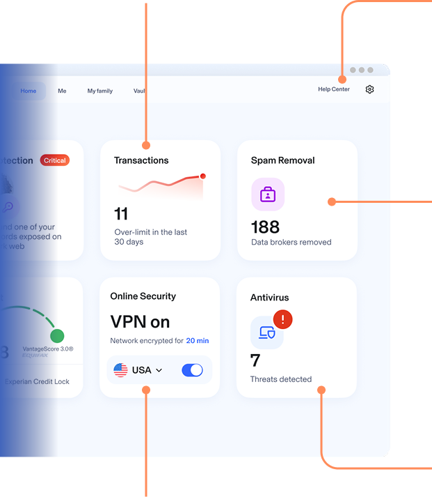 Aura Dashboard showing various features including: Identity Protection, Password Manager, 24/7 US-based Customer Support, Spam & Junk Mail Removal, & more.