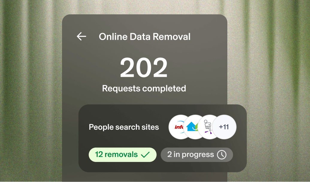 Interface displaying 202 completed data removal requests from people search sites, with 12 removals completed and 2 in progress.