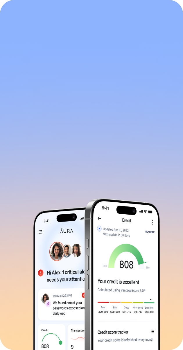 Two phones showing Aura screen shots. One for critical alerts and the other showing an excellent credit report.