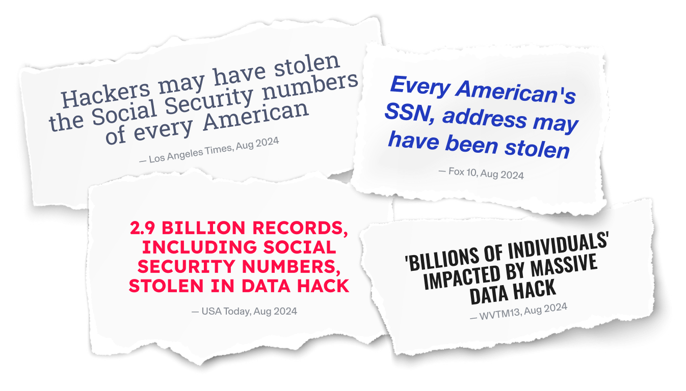 Newspaper clippings from LA Times, Fox 10, USA Today, and WVTM13 all from August 2024. Each details different cybersecurity attacks.