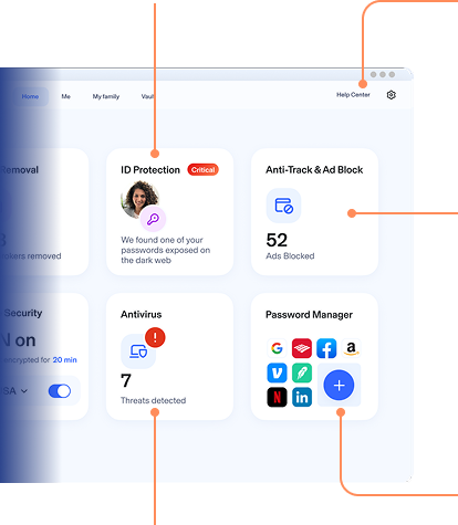 Aura Dashboard showing various features including: Identity Protection, Antivirus, 24/7 US-based Customer Support, Password Manager, & more.