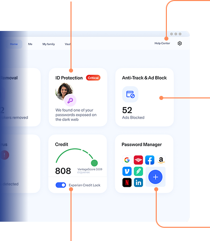 Aura Dashboard showing various features including: Identity Protection, Antivirus, 24/7 US-based Customer Support, Password Manager, & more.