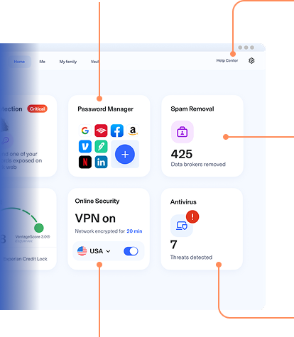 Aura Dashboard showing various features including: Identity Protection, Password Manager, 24/7 US-based Customer Support, Spam & Junk Mail Removal, & more.