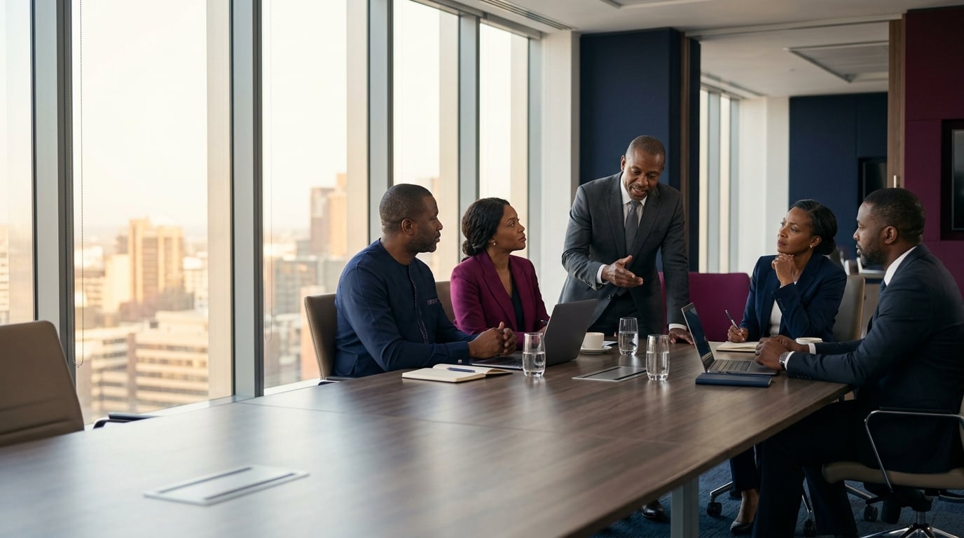 Senior leaders in discussion around a boardroom table overlooking the city