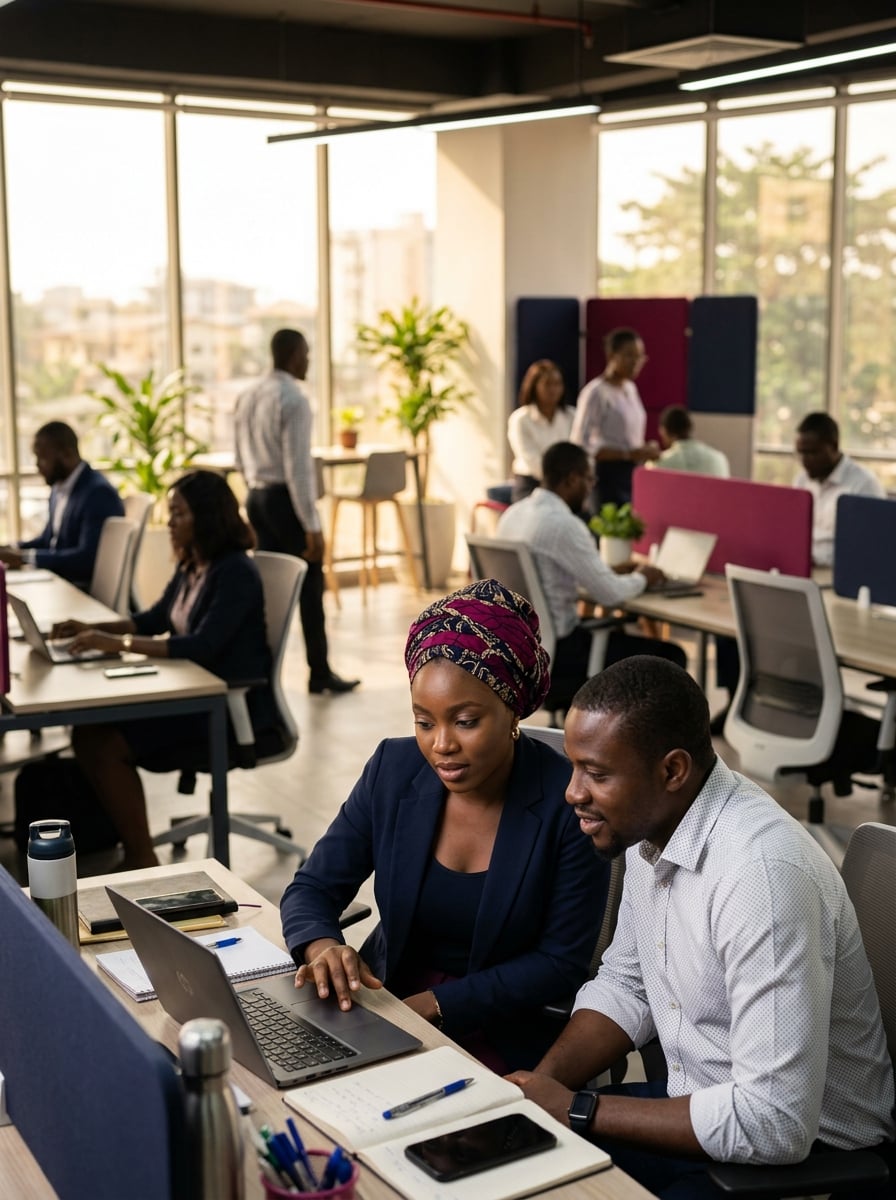 A team at work in an open-plan office in Lagos