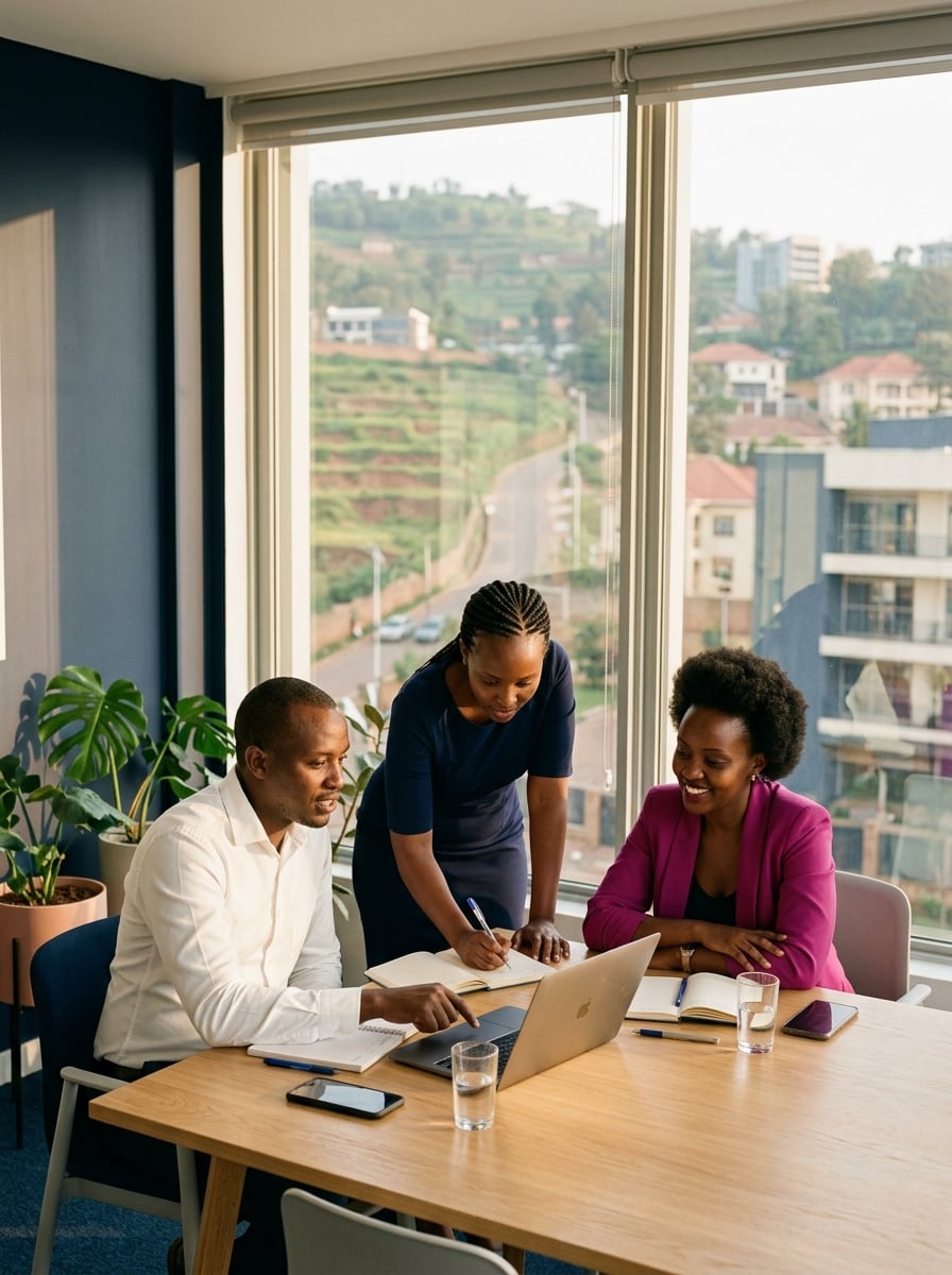 A team planning session in a modern Kigali office