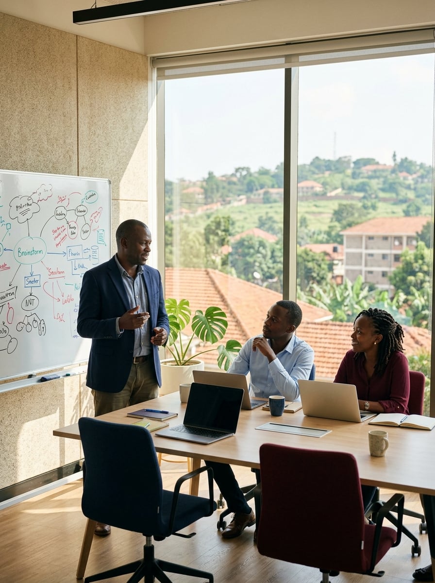 A people leader with colleagues in a Kampala office
