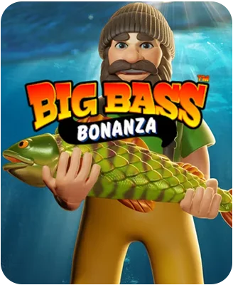 Big Bass Bonanza slot game logo with fisherman holding a big fish