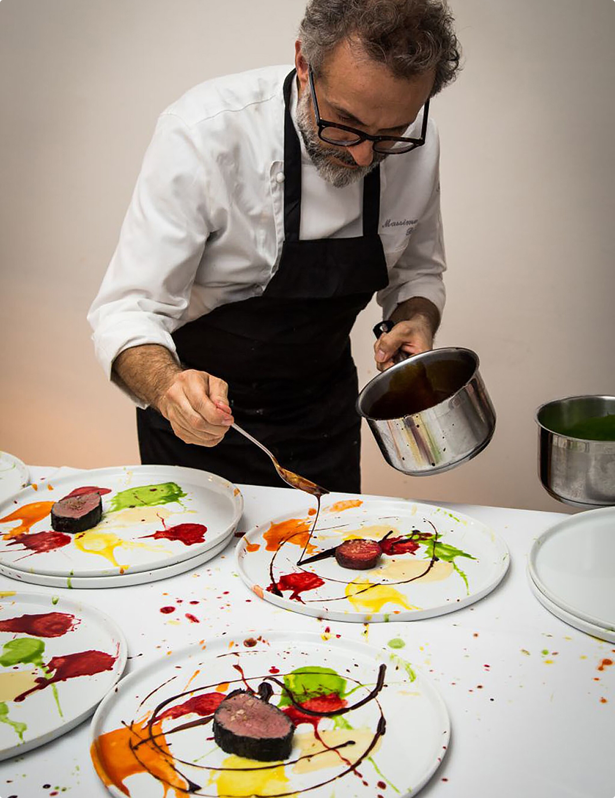 Chef Bottura plates Beautiful Psychedelic Spin-Painted Veal, Not Flame Grilled