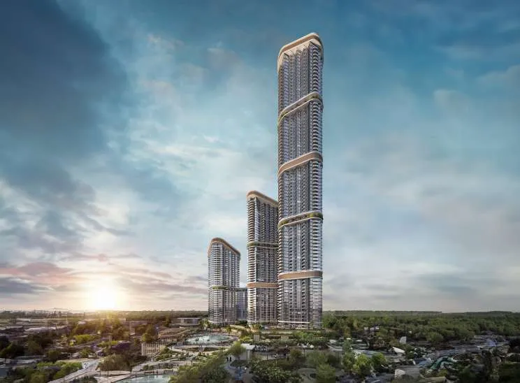 Abstract pink and purple folded ribbon forming a loop on a blue background