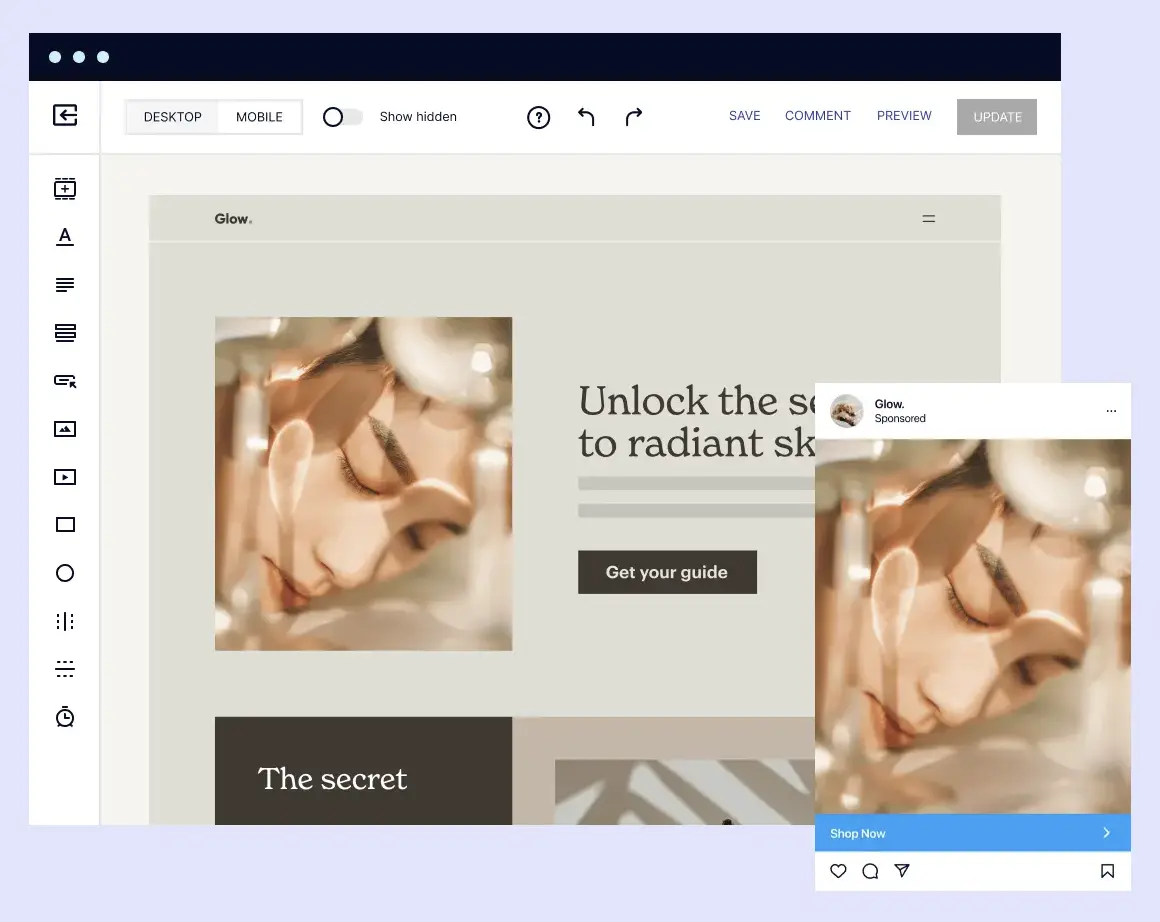 Website editor interface displaying a beauty product ad with a preview of the mobile version."