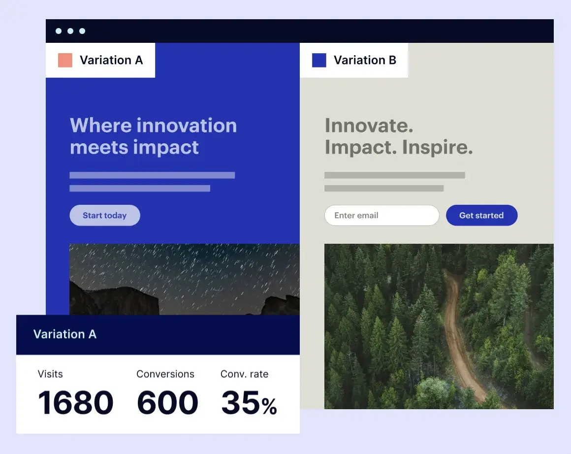 A/B test comparison showing Variation A with a 35% conversion rate outperforming Variation B.