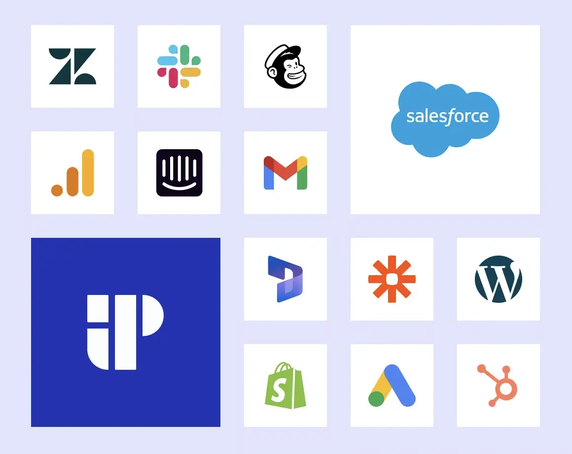 Grid of popular app logos including Salesforce, Gmail, Slack, HubSpot, Shopify, and others.