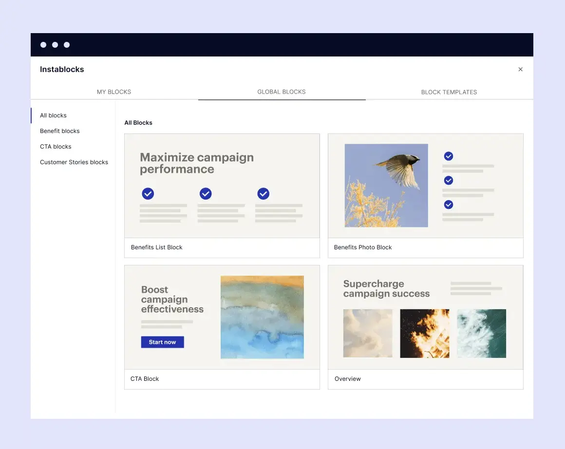 Web interface showing drag-and-drop content blocks for building campaign pages.