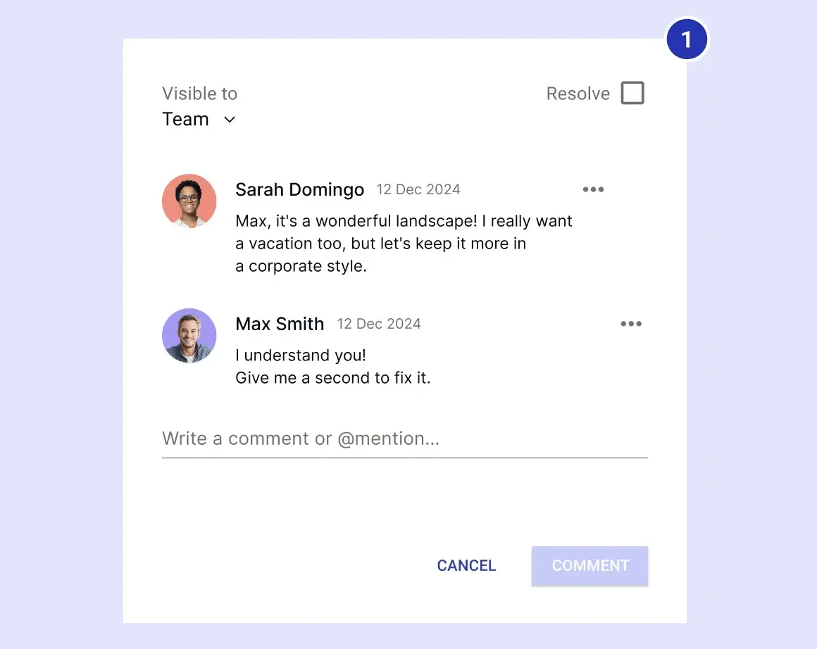 Comment section showing a design feedback exchange between two team members.
