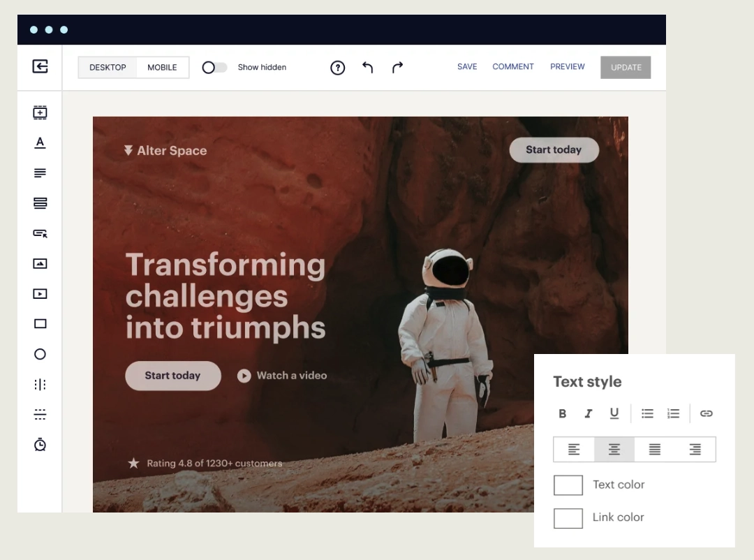 The website editor interface shows a landing page with a preview of the text styling options.