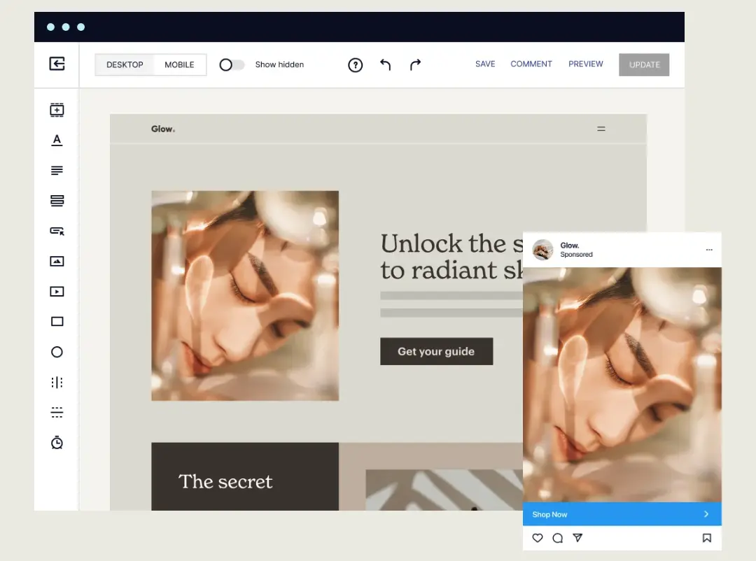 Website editor interface displaying a beauty product ad with a preview of the mobile version.