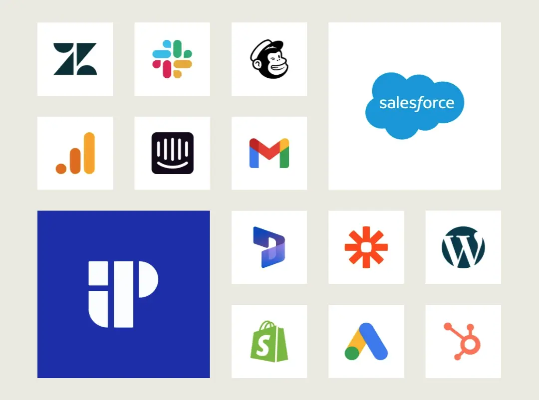 Grid of popular app logos including Salesforce, Gmail, Slack, HubSpot, Shopify, and others.