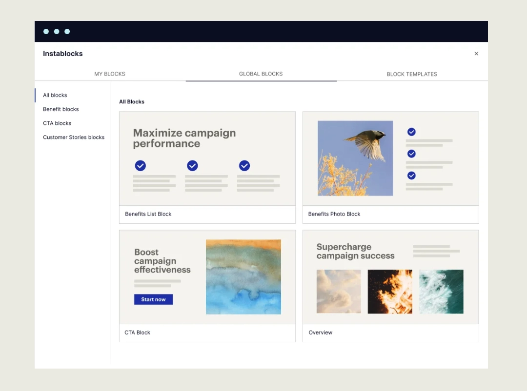 Web interface showing drag-and-drop content blocks for building campaign pages.